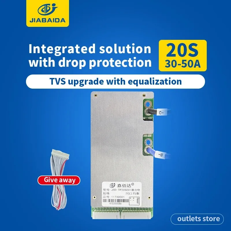 JIABAIDA BMS 16S LiFePo4, 17S 20S baterai Lithium Li-ion 48V 60V 72V dengan keseimbangan NTC 30A 40A 50A Charge Discharge JBD BMS