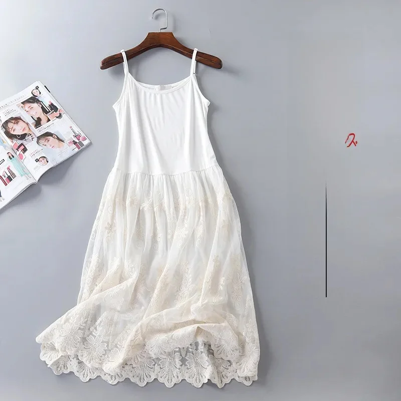 Kobiety letnie sukienki na co dzień styl japoński śliczne styl Mori Girl siatki koronki Stitchcing Spaghetti sukienka z paskiem modalne Sundress jurk dames — zdjęcie 2