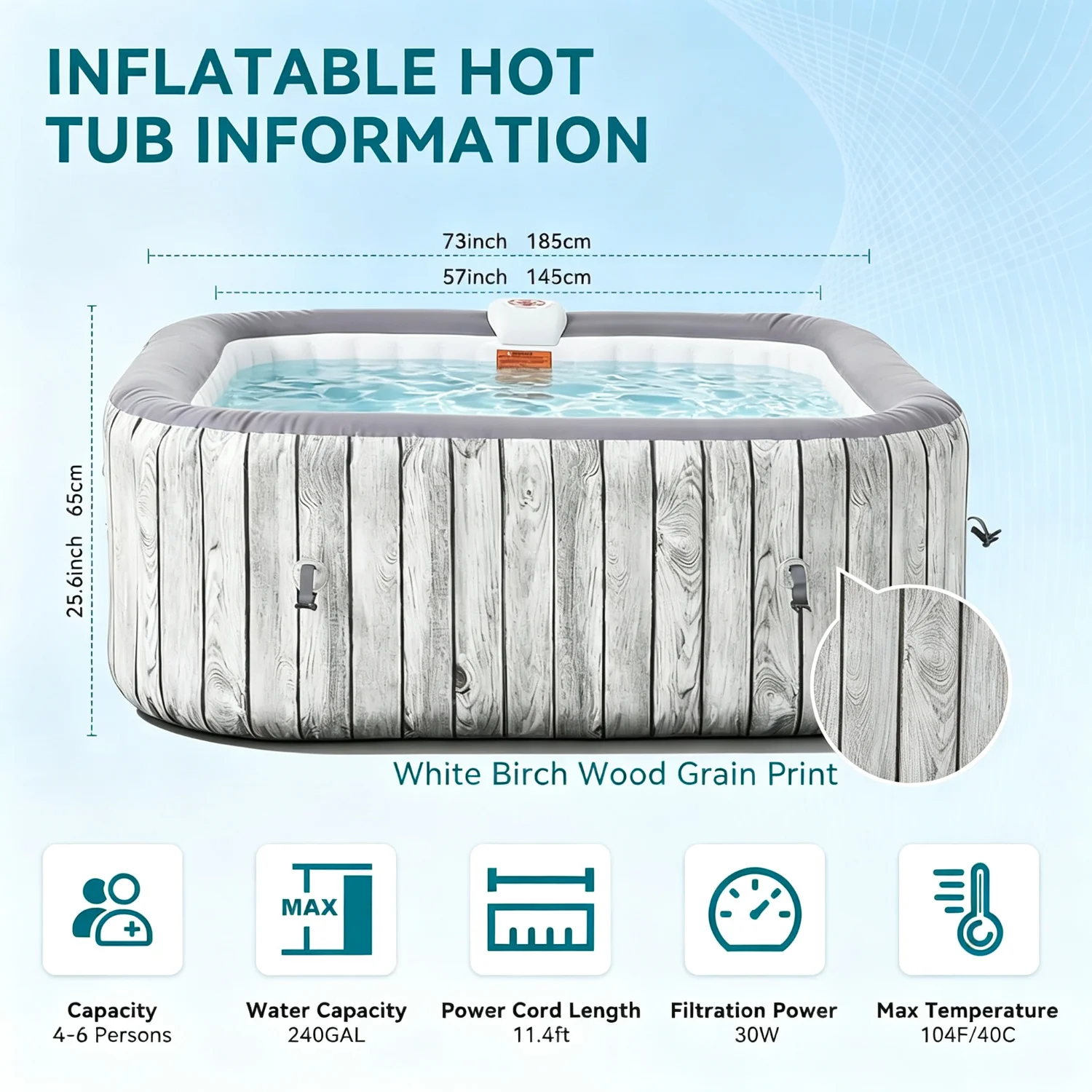 73 Inch Inflatable Hot Tub 4-6 Person With 120 Air Jets Gray Square Outdoor Spa With Heater Pump And Filter System Portable Blow Up For Backyard