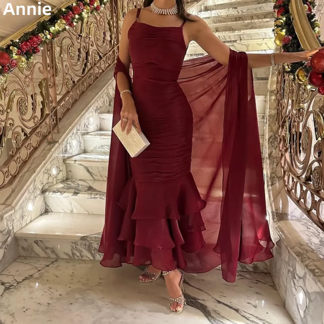 Annie Claret Пром платья на тонких бретельках Slim Fit Шифоновые вечерние платья с оборками для торжественных случаев فساتين سهرة