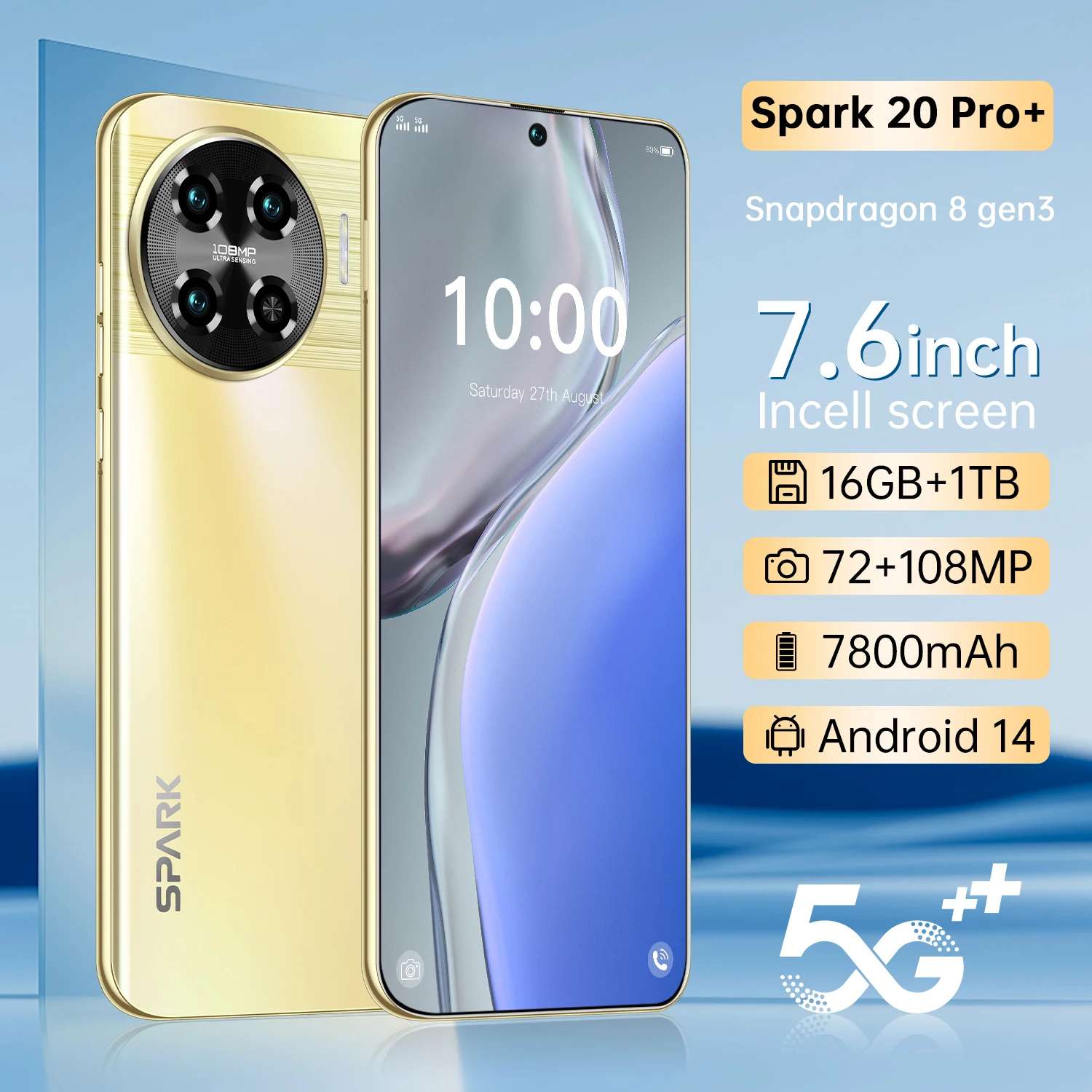 

Global Version Spark 20 Pro+ Smartphone 5G 7.6 Inch Snapdragon 8 gen3 Camera Cell Phones 7800mah Android Phone Unlocked Celular