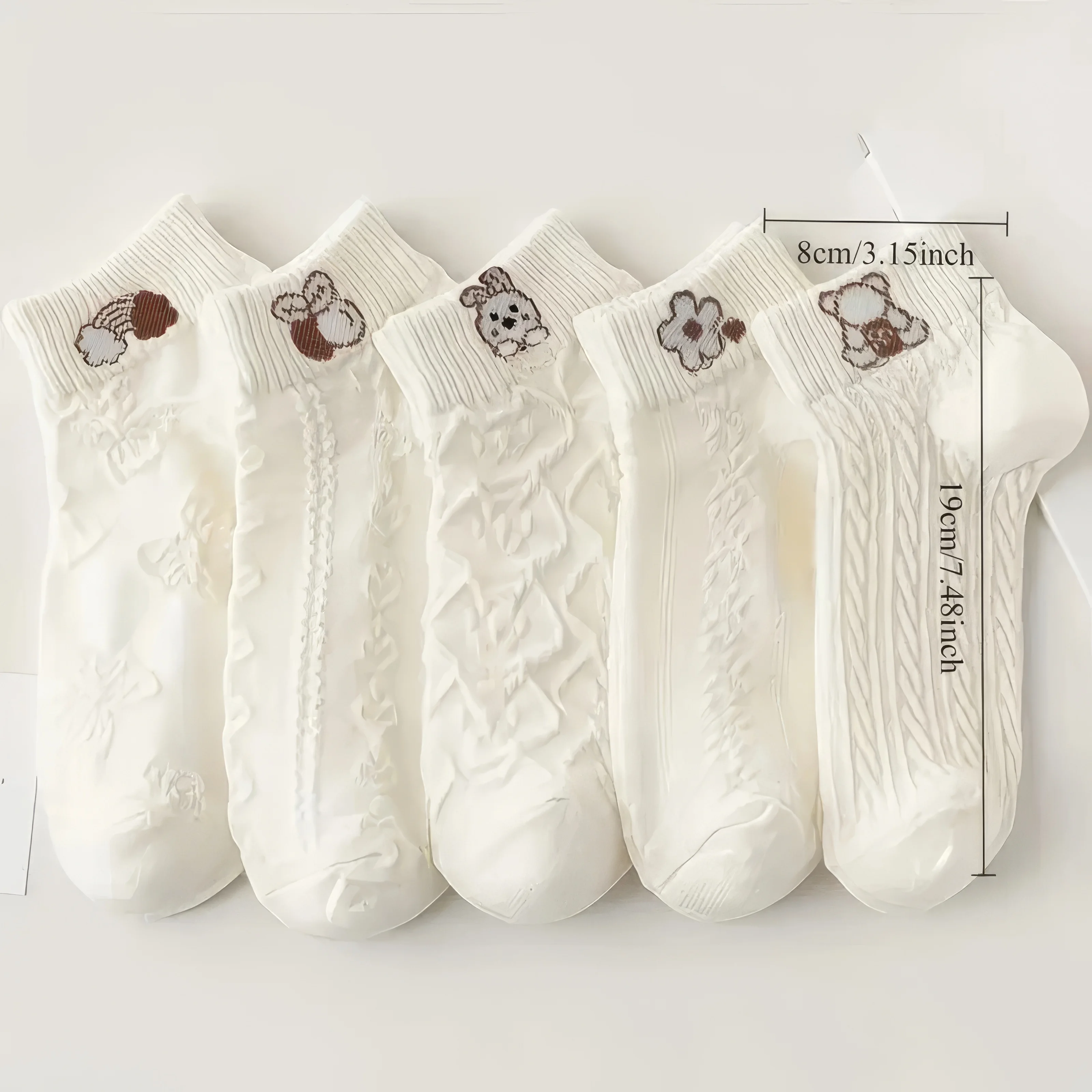 5 Pairs of Soft White Cloud Rabbit Socks with Cute Patterns, Comfortable and Breathable, Suitable for Casual Sports