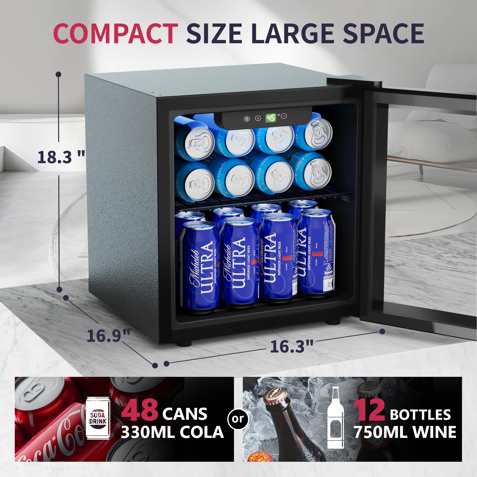 SIMZLIFE Mini Fridge 1.3 cu.ft 48 Can Beverage Refrigerator Cooler for Beer Drinks Wines Beverage Fridge with Adjustable Shelves