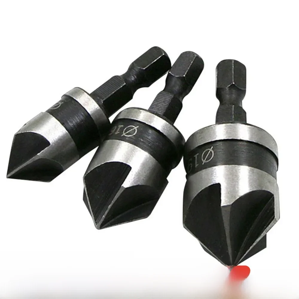 3 peças haste hexagonal 90 graus preto cinco lâminas chanfro 12/16/19mm broca escareadora conjunto