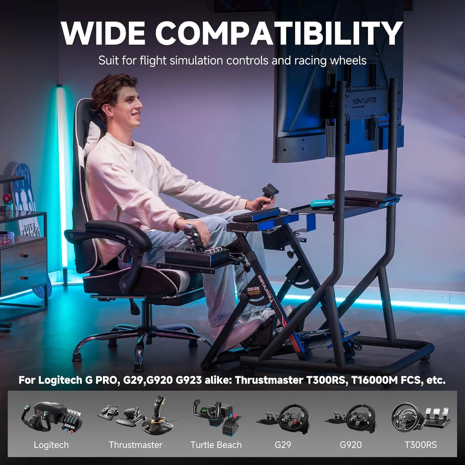 GTPLAYER Flight & Racing Simulator Stand, Foldable Gaming Cockpit Compatible with Logitech, Thrustmaster, PXN Wheels & Flight Joysticks, Black view 6