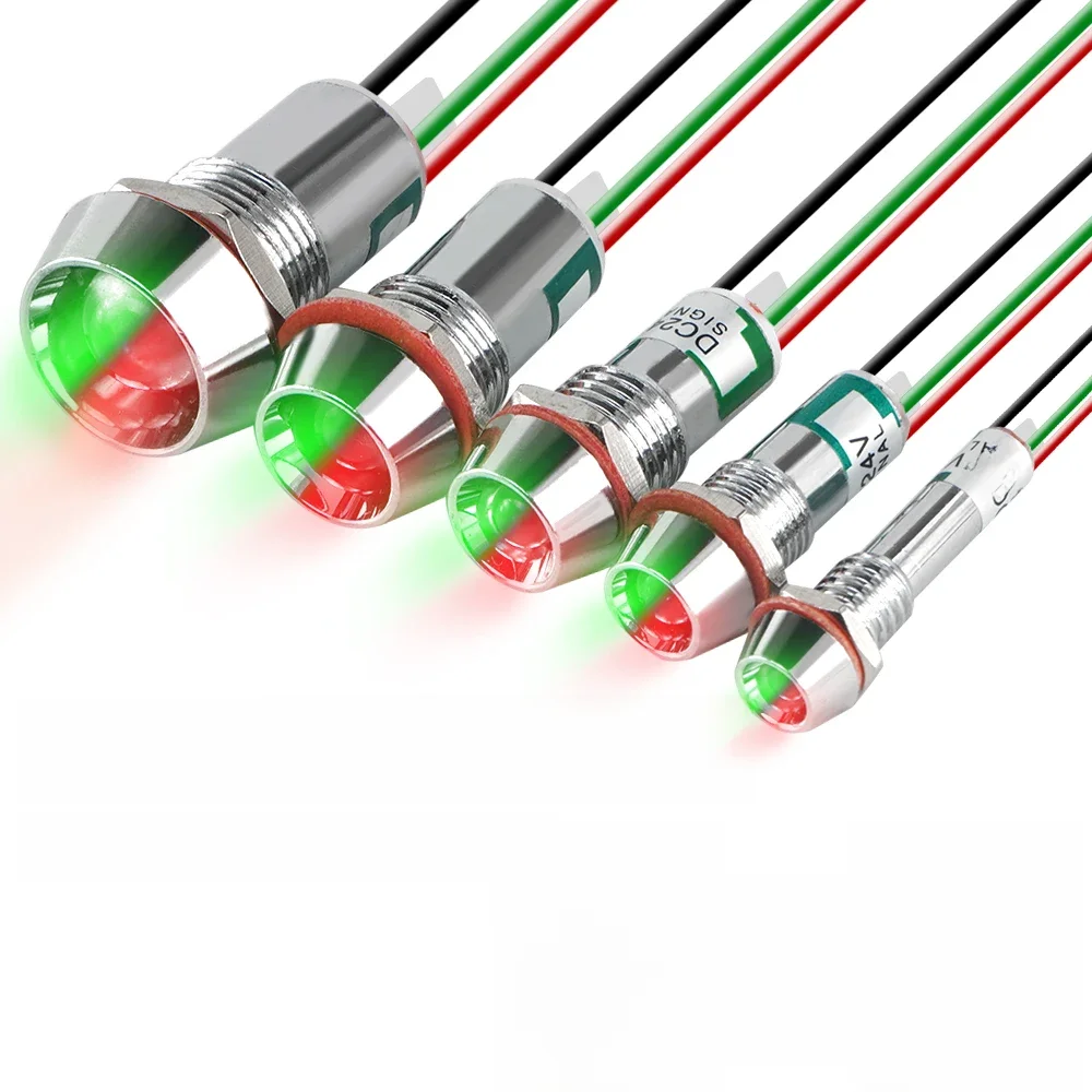 Lampe de signalisation en métal bicolore avec fil LED étanche vert rouge 3V 6V 12V 24V 110V 220V 8MM 10MM 12MM 14MM 16MM