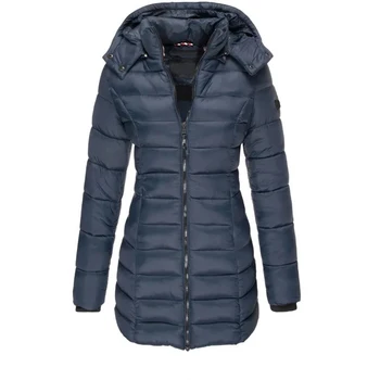 Women’s Winter Padded Parka 3 Winter Thicken Warm Women Parkas Solid Color Zippers Coats Long Sleeve Padded Puff Jacket Mid-Length Slim Female Hoodie Parkas 3