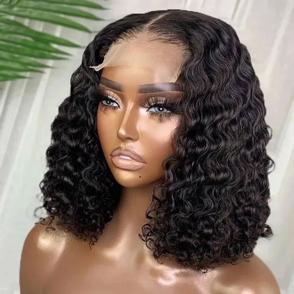 Deep Wave Lace Wigs 180 Density Transparent 4x4 Lace Wigs For Women Deep Curly Bob Wig 13x4 Lace Frontal Human Hair Wigs