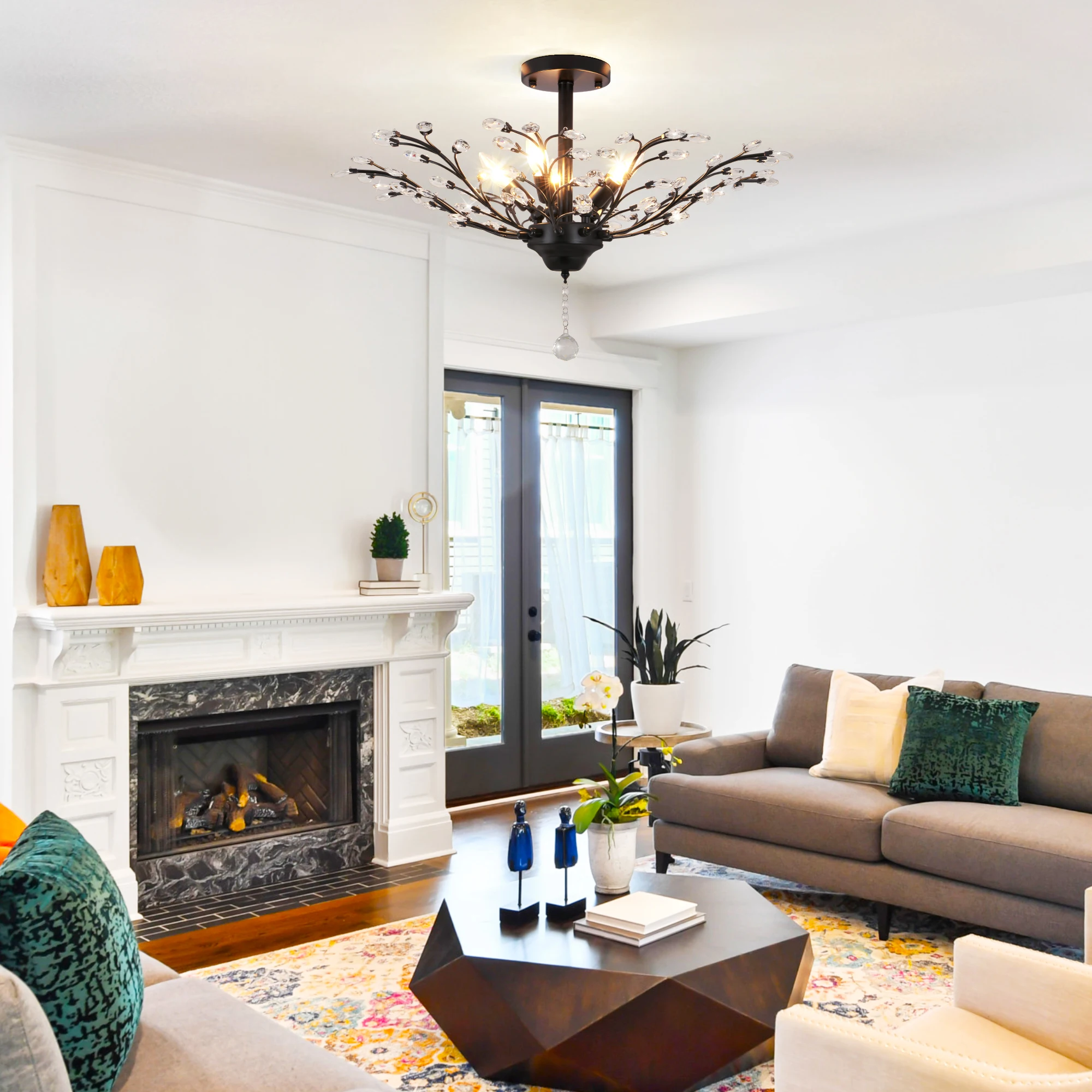 

30-inch modern five-head leaf-shaped crystal ceiling light, five-head dining room and living room lighting fixture