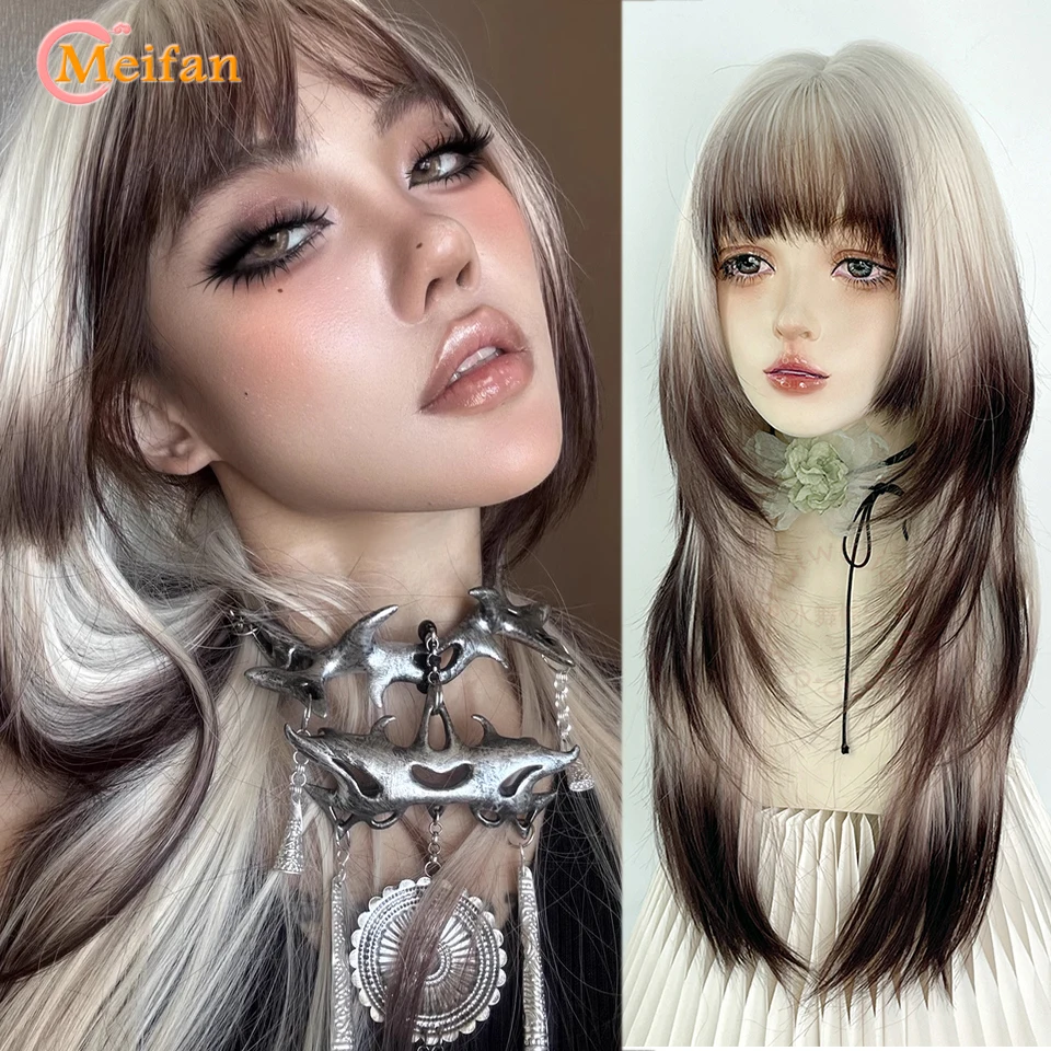 MEIFAN Synthetic Long Wavy Blonde Omber Black Layered Wigs with Bangs Lolita Cosplay Hair Wig for Women Daily Natural Wig