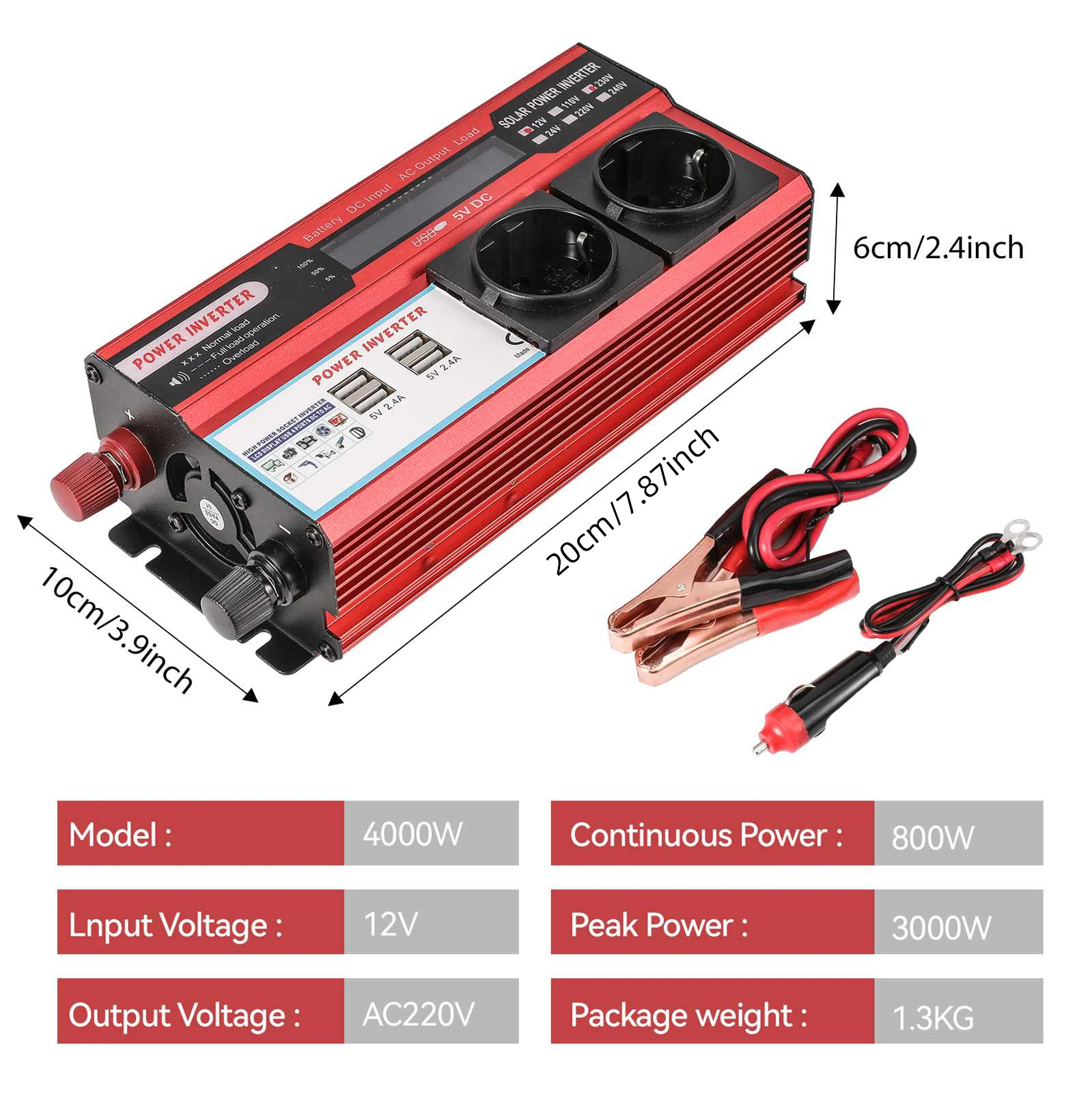 Reiner Sinuswellen-Stromwandler 4000W, DC 12V zu AC 230V Transformator mit 4 USB-Anschlüssen (EU) und LED-Display