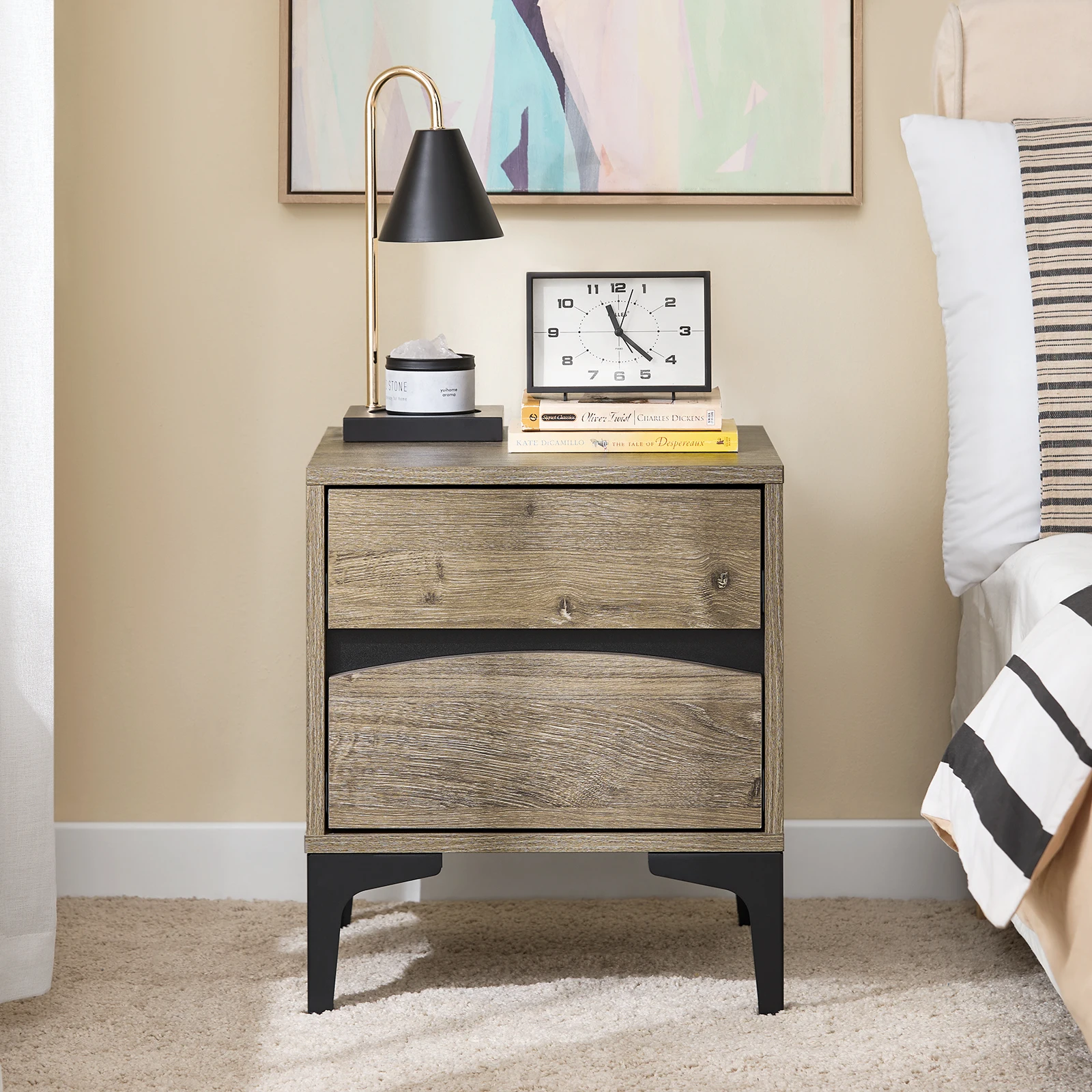 SoBuy FBT165-N comodino con 2 cassetti, frontale curvato, aspetto legno e piedi in metallo naturale 40x40x47 cm