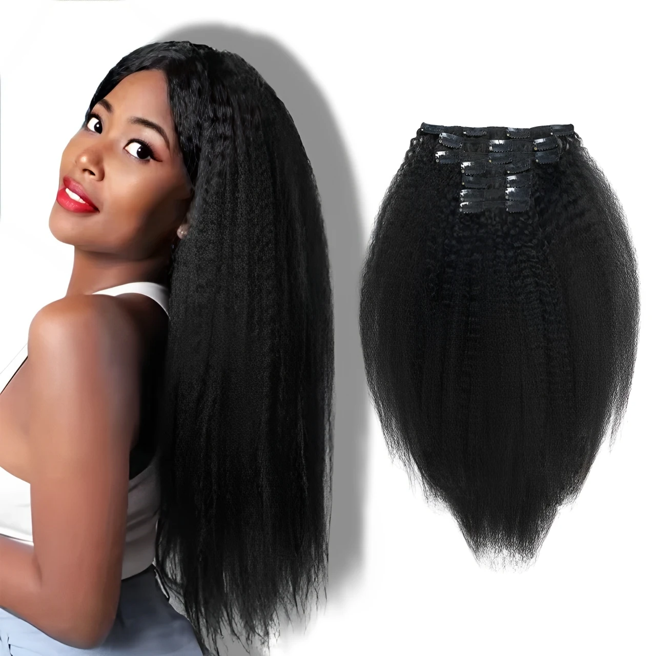 

Kinky Straight Clip in Hair Extensions Full Head Brazilian Virgin Human Hair Natural Black Color 120 Gram 100% Real Hair