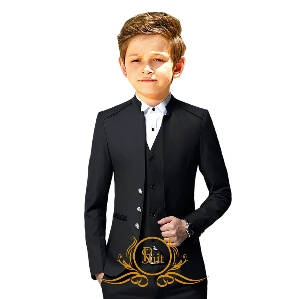 Formal 3-piece Suit for Boy Stand Collar Slim Fit Jacket Vest Pants Set Front Button Blazer Outfits