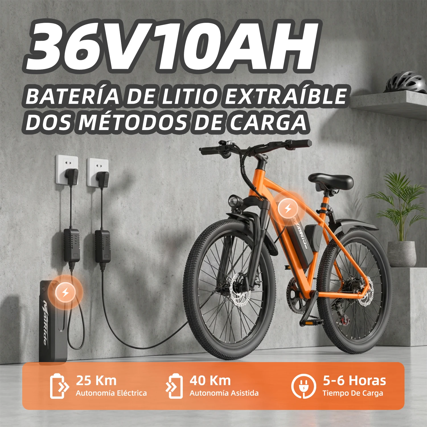 Bicicleta eléctrica para adultos Mairide Q7 250W 36V 10Ah extraíble 45km 26 Disc 7V LCD 3 Modos