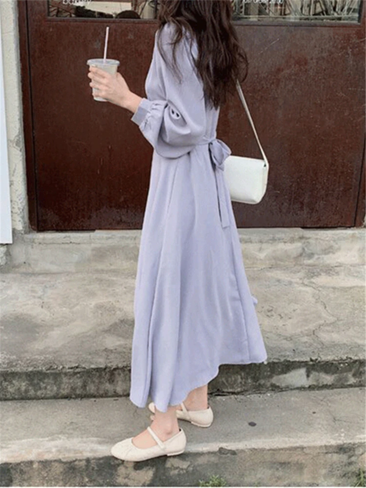 2022 New V-Neck Lace Up High Waist Solid Oversized Korean Elegant Vintage Lady Lace Up Autumn Winter Women Long Dresses DR2191