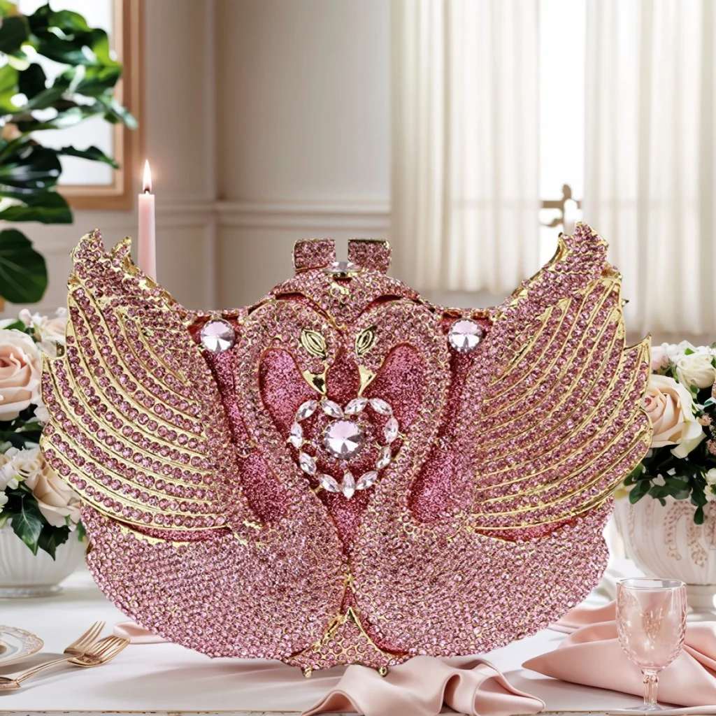 

Dazzling Women Swan Crystal Evening Bag Bridal Wedding Rhinestone Purse Party Diamond Handbag for Banquet Prom
