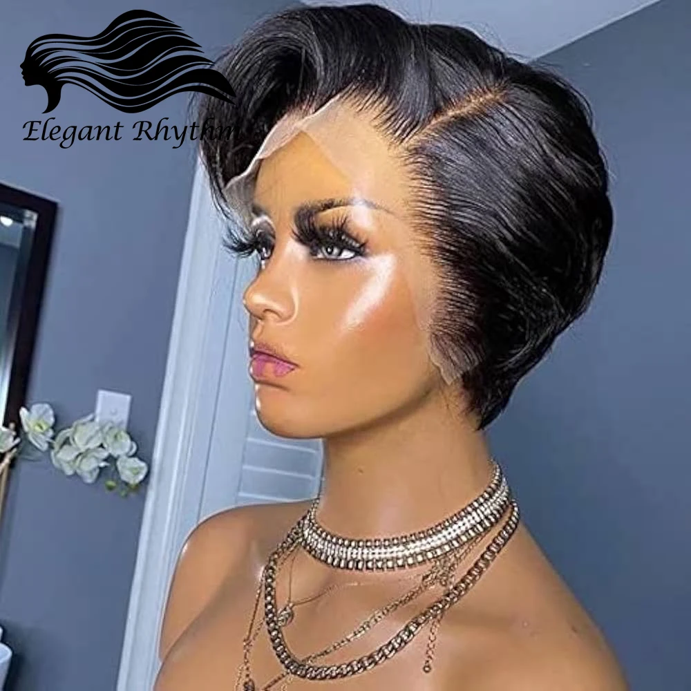 

13X1 Side Part Short Bob Pixie Cut Lace Wig With Wavy Bangs Transparent T Part Lace Wig Straight Brazilian Human Hair For Women