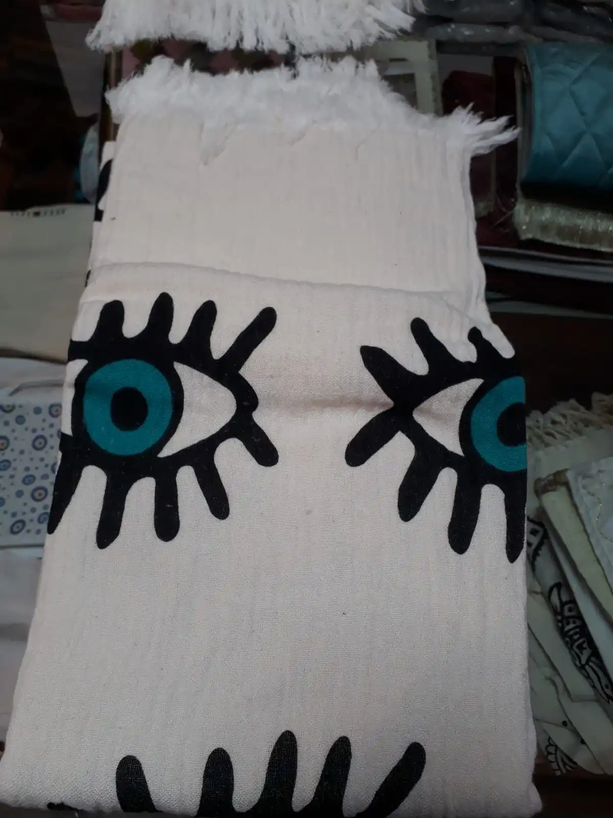 Double Layer Muslin Hand Printed Evil Eye DEsign Turkish Peshtemal Beach and Bath Towel