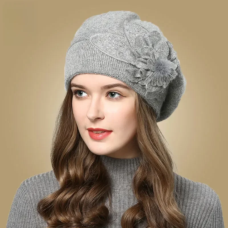 FS Women Rabbit Berets Knitted Wool Hats Winter Flowers Warm Female Cap Girls Beanies Fur Hat Gorros Bonnet Femme Hiver 2023 — zdjęcie 2