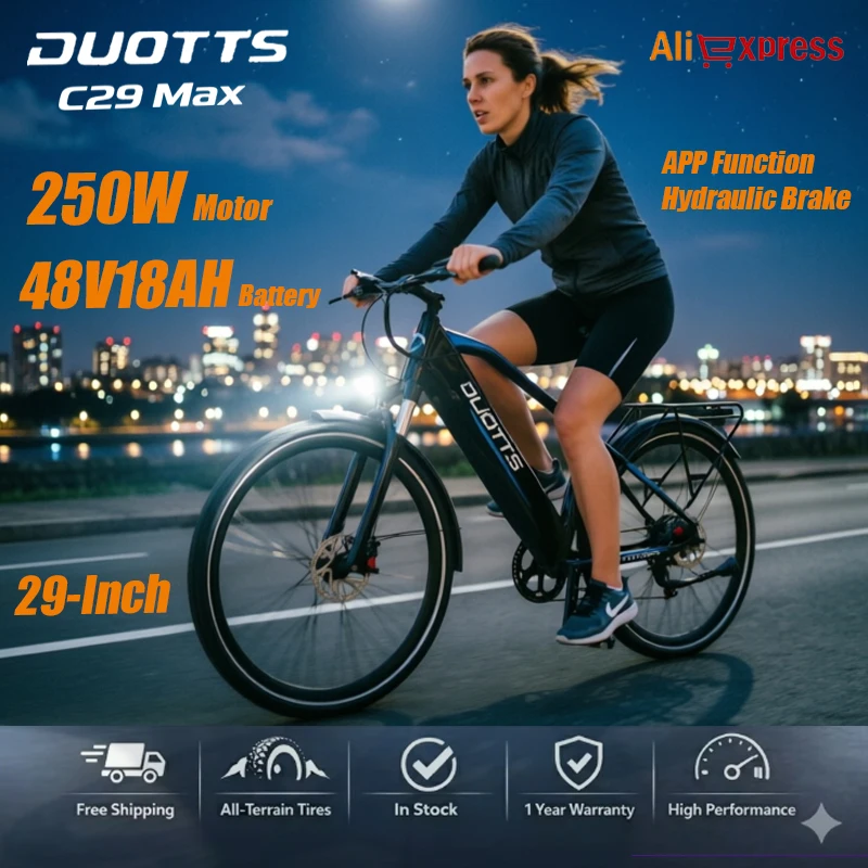 DUOTTS C29 MAX Elektro-Mountainbike 250W-960W Spitzenleistung Motor 48V18Ah Batterie 100-120KM Reichweite 29 Zoll Straßenreifen Hydraulische Scheibenbremse Shimano 7-Gang-Schaltung Drehmomentsensor