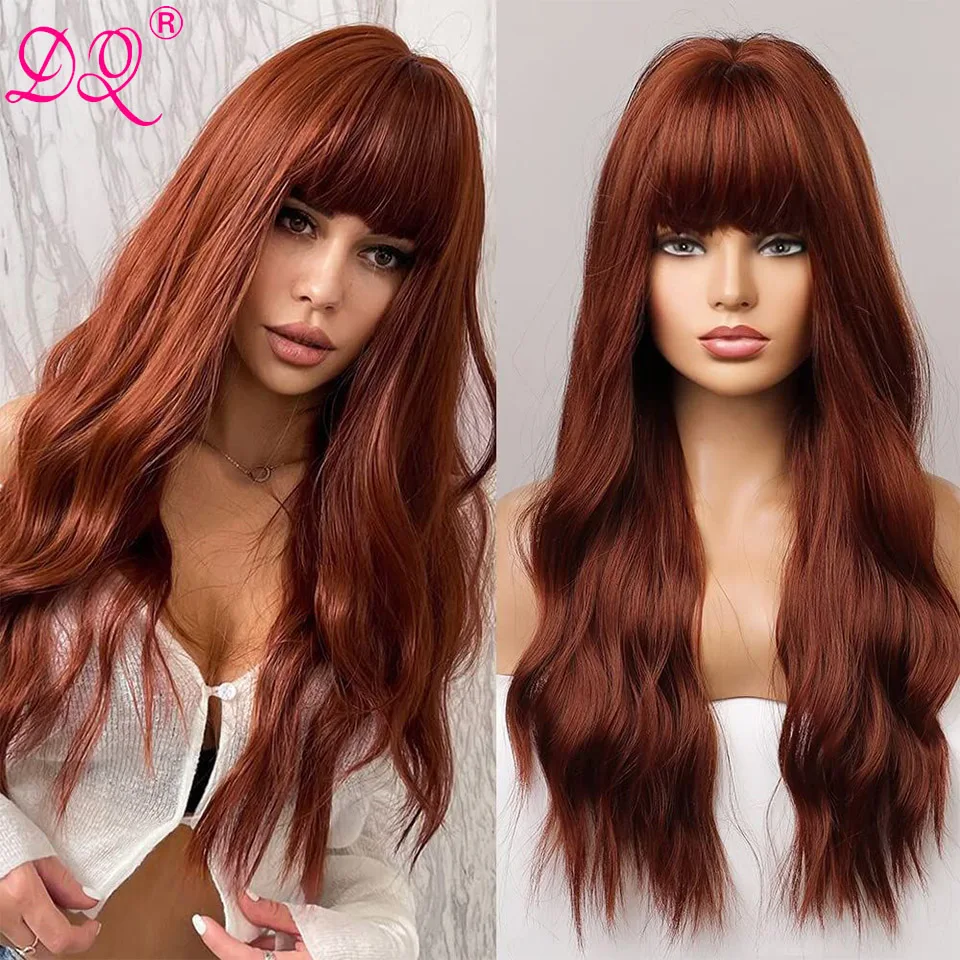 

Auburn Red Synthetic Wig for Women Long Wavy Wig with Bangs Body Wave Brown Colored Hair Beginner Friend Halloween Cosplay Party