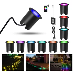 Luces de cubierta RGB con Bluetooth para interiores y exteriores, lámparas de pie de paso empotradas IP67, teléfono celular, iluminación de Patio, piscina y jardín, paquete de 10