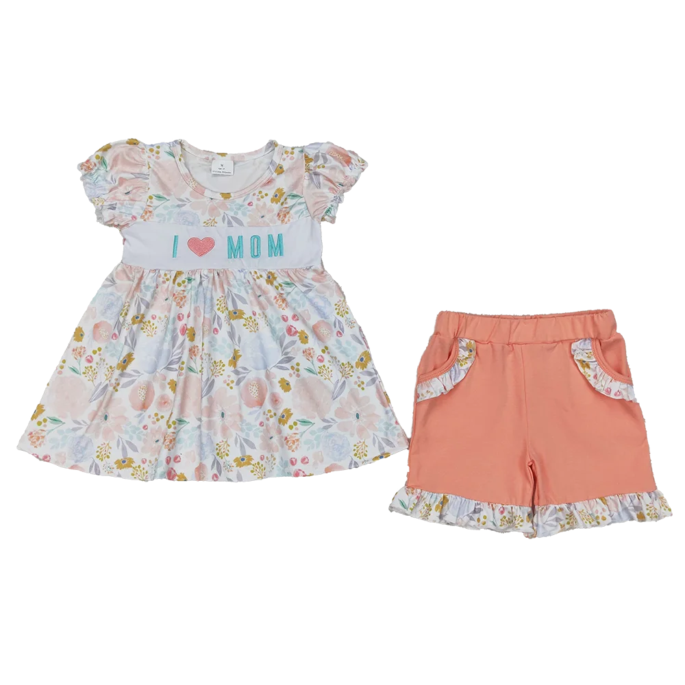 

GSSO2408 Baby Girls Summer Outfits Embroidery Baby Girls I LOVE MOM Floral Tunic Ruffle Shorts Set