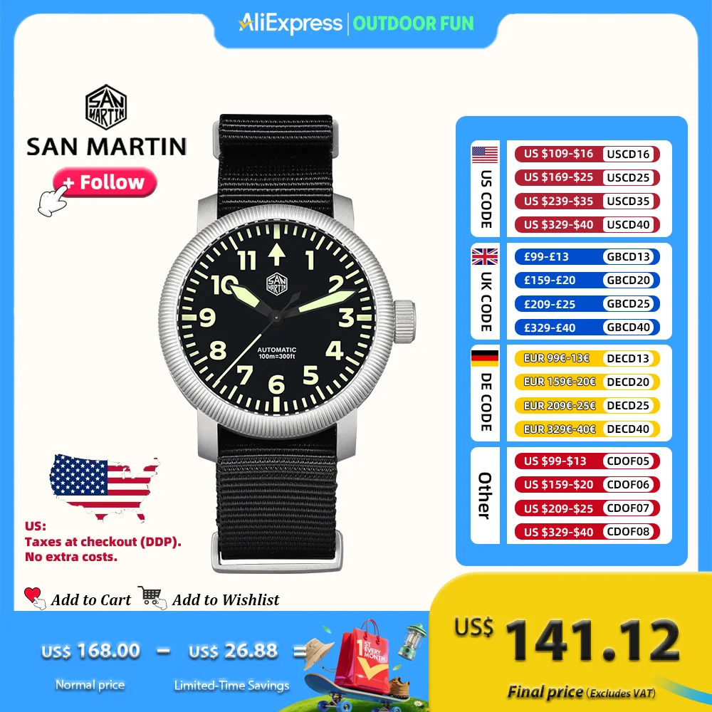 

San Martin Men Watch 40mm Simple Pilot Style Bead Blasted Steel Automatic Mechanical Watches Waterproof 10Bar C3 Luminous SN0143