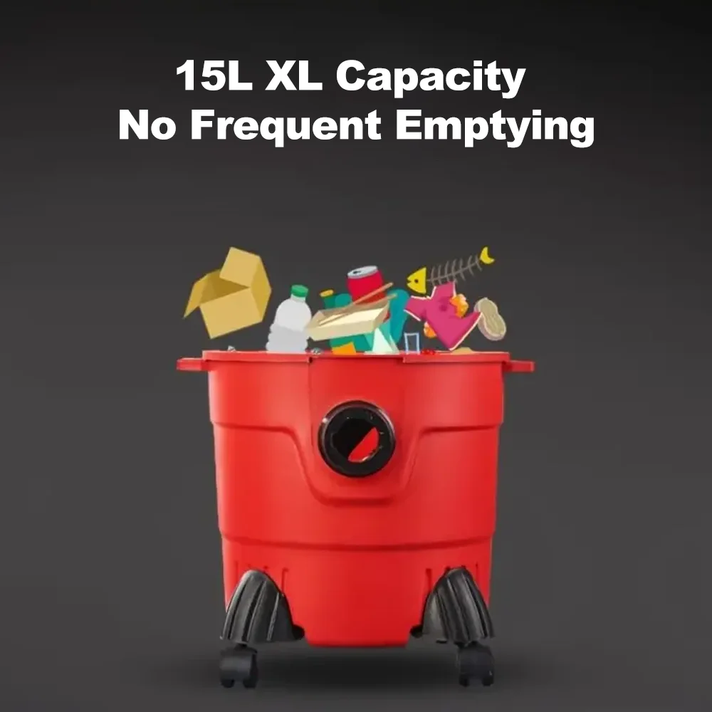 مكنسة كهربائية للغبار الجاف/الرطب سعة 15 لتر، سلك 4 أمتار، وظيفة نفخ محمولة، تصميم دلو كبير للاستخدام التجاري للسيارة المنزلية