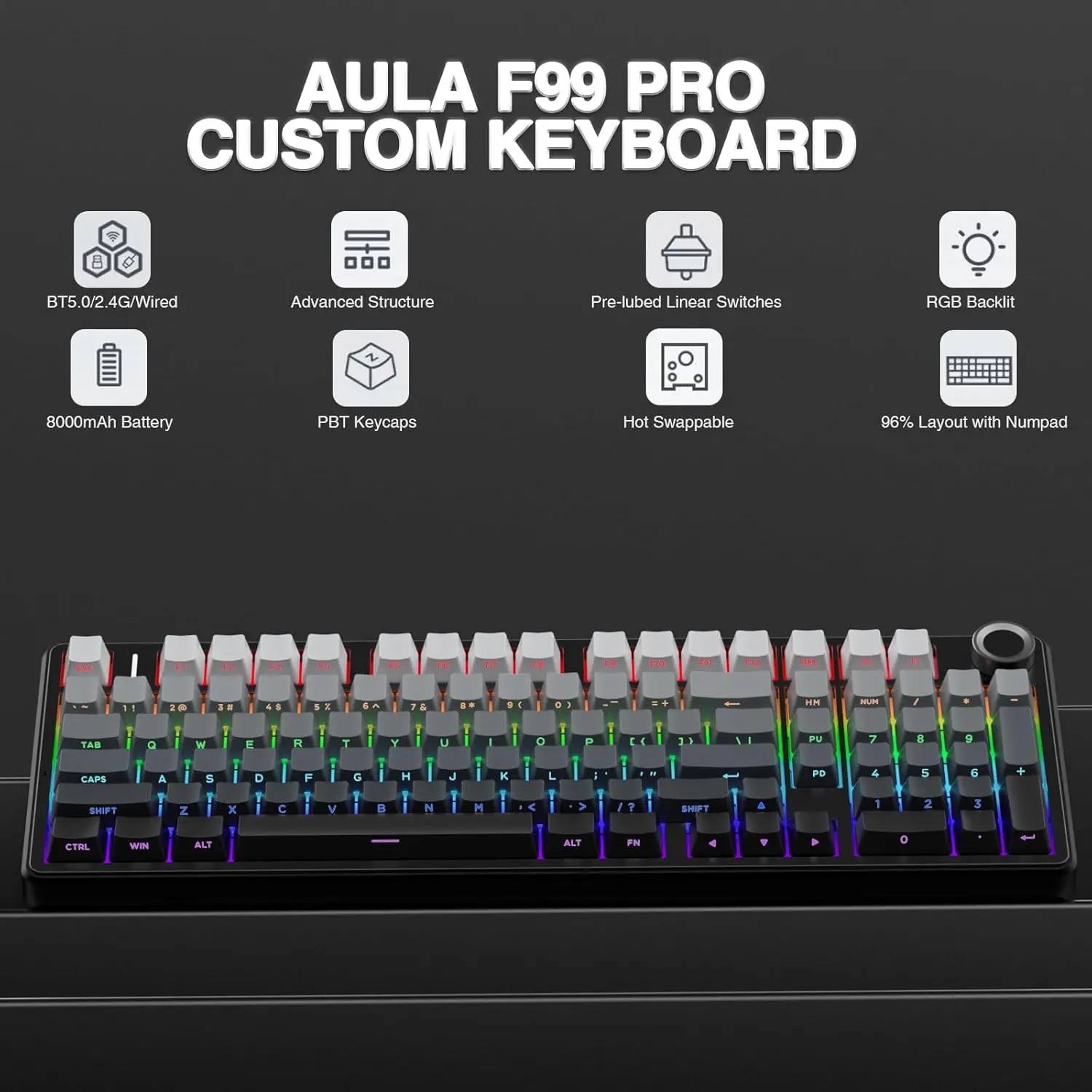 Teclado Mecánico para Juegos AULA F99 Pro, 99 Teclas, Tres Modos Inalámbricos, Estructura de Junta Intercambiable en Caliente, Teclado Personalizado con Perilla Multimedia 3