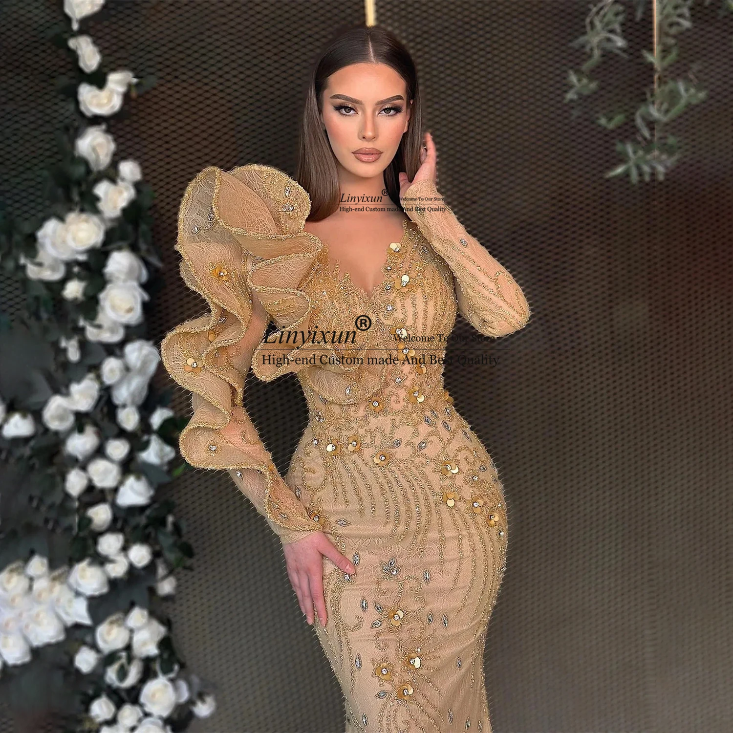 Vintage Ruffles Off Shoulder Prom Dress Arabic Champagne Long Sleeves Evening Gowns Women Customized Crystal Mermaid Party Dress