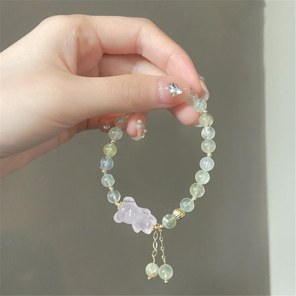 Natural Stone Prehnite Beads Women Charm Bracelet Cute Pink Quartz Bear Fairy Style Elastic Adjustable Romantic Party Jewelry