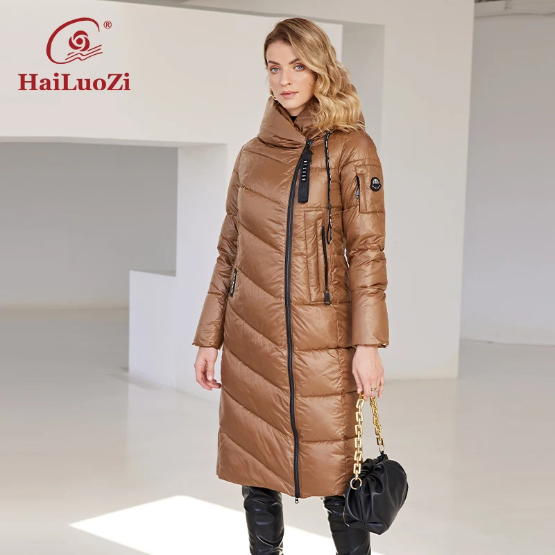 HaiLuoZi 2022 New Women\'s Winter Jacket Long Warm Windproof Hooded Zipper Quilted Casual Slim Cotton Lady Parkas Women Coat 6055