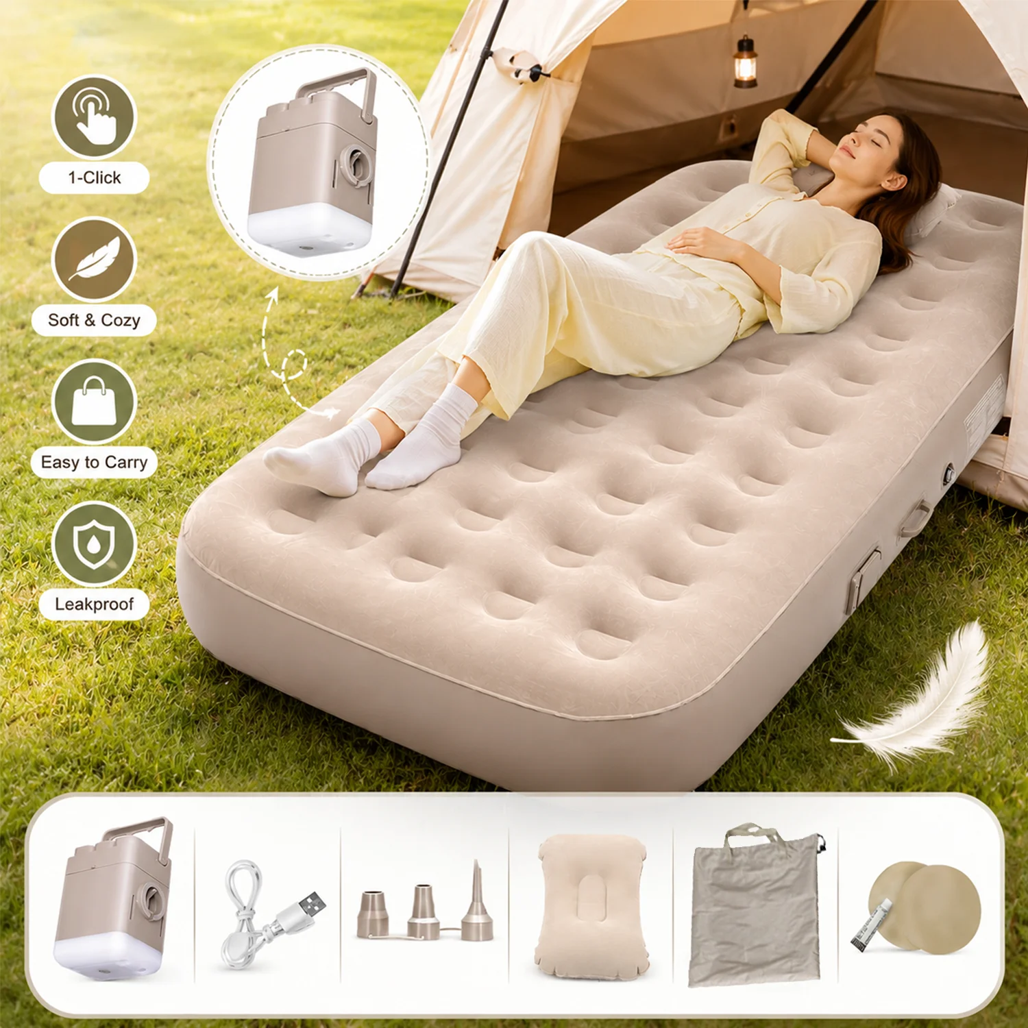 Matelas pneumatique gonflable avec pompe à air LED intégrée, gonflage et dégonflage en 5 minutes avec un seul bouton, colonne d'air alvéolée, capacité de charge de 300 kg, lit pneumatique en PVC floqué pour le camping, les voyages en plein air