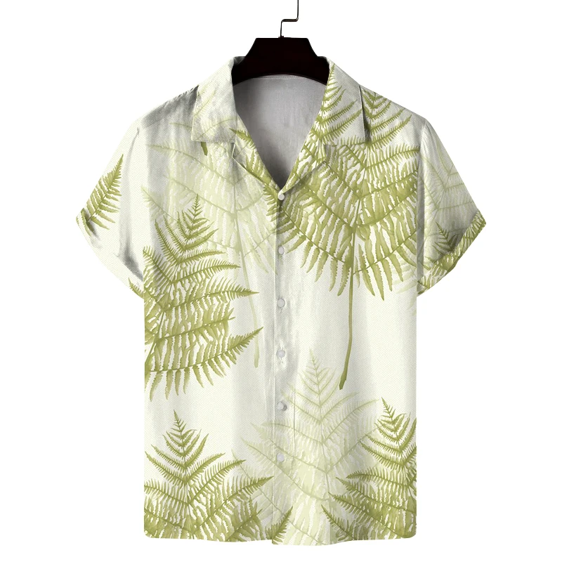 

Мужская летняя рубашка с кубинским воротником и короткими рукавами с принтами свежих листьев, маленькая свежая, повседневная, удобная и универсальная.