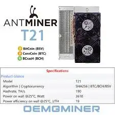 

New Antminer T21 190T 3610W Bitmain mining BTC Bitcoin Miner Algorithm SHA-256