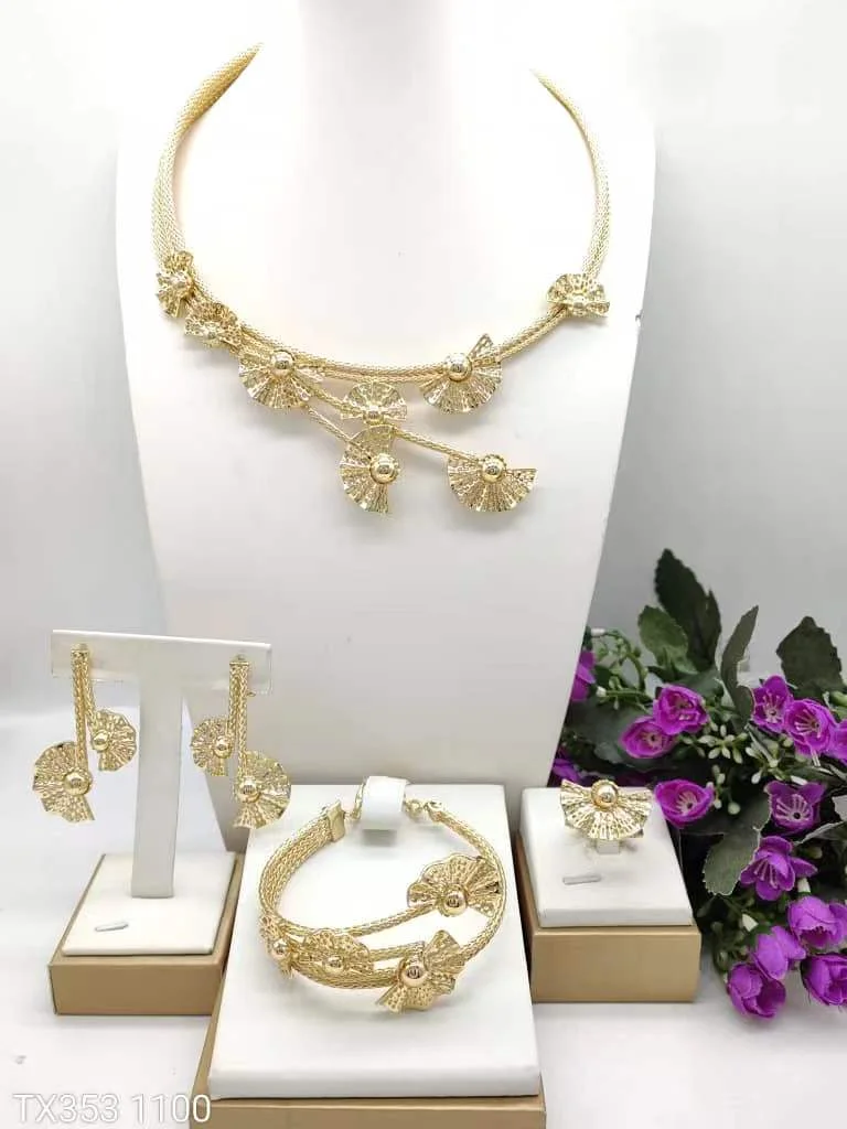 Yulaili Dubai Gold Plated Jewelry Sets Women Fan Ginkgo Leaf Tassel Pink Beads Choker Necklace Earrings Bracelet Ring X00140