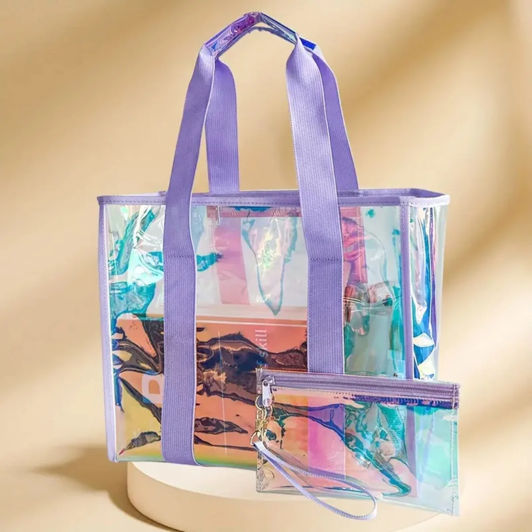 Stylish large hologram tote bag - Rainbow PVC with drawstring handles and zipper closure, perfect for work, beach, concerts and