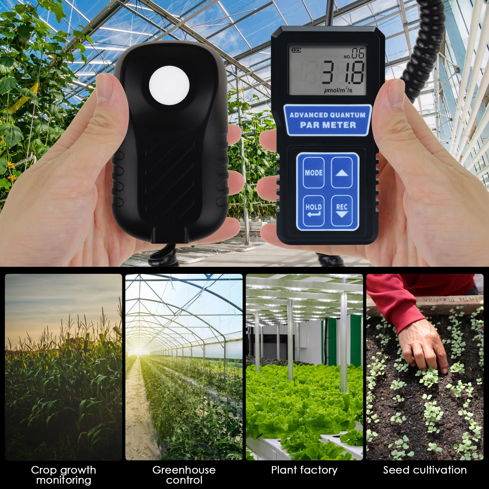 PAR Meter Light Meter PPFD 400-700nm Wavelength Photosynthesis Quantum Meter W/ Sensor Mode Selection Large LCD Light Tester