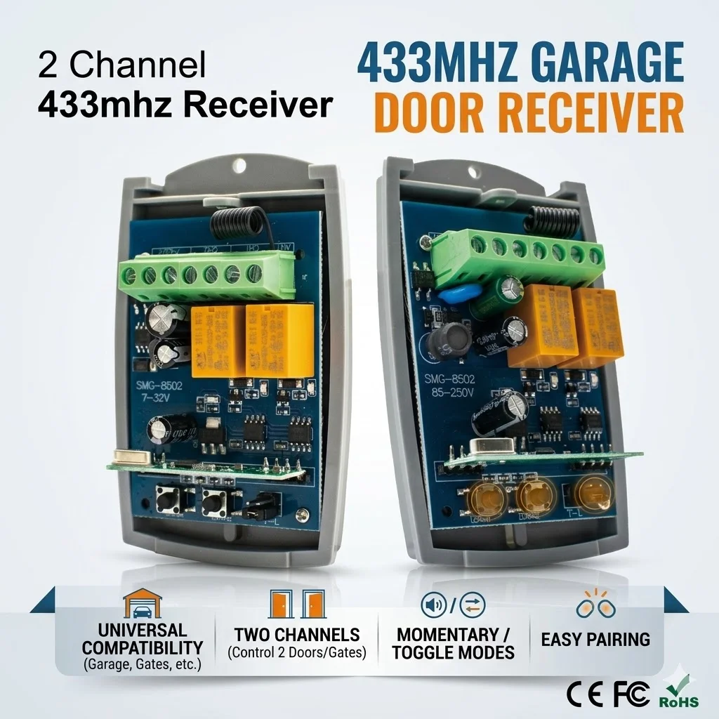 Universal 2CH 433MHz Garage Door Receiver DC7-32V AC85-250V RF Relay Switch Gate Opener Remote Controller Momentary Toggle Mode