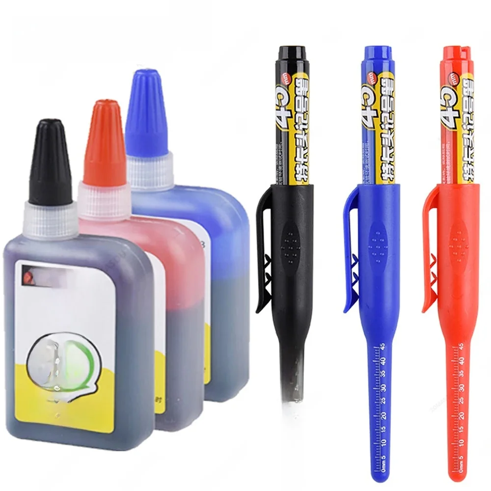 Nouveau stylo marqueur de trou profond à pointe longue 20mm/45mm stylo de charpentier de carrelage blanc étanche pour le travail du bois encre noire/bleue/rouge