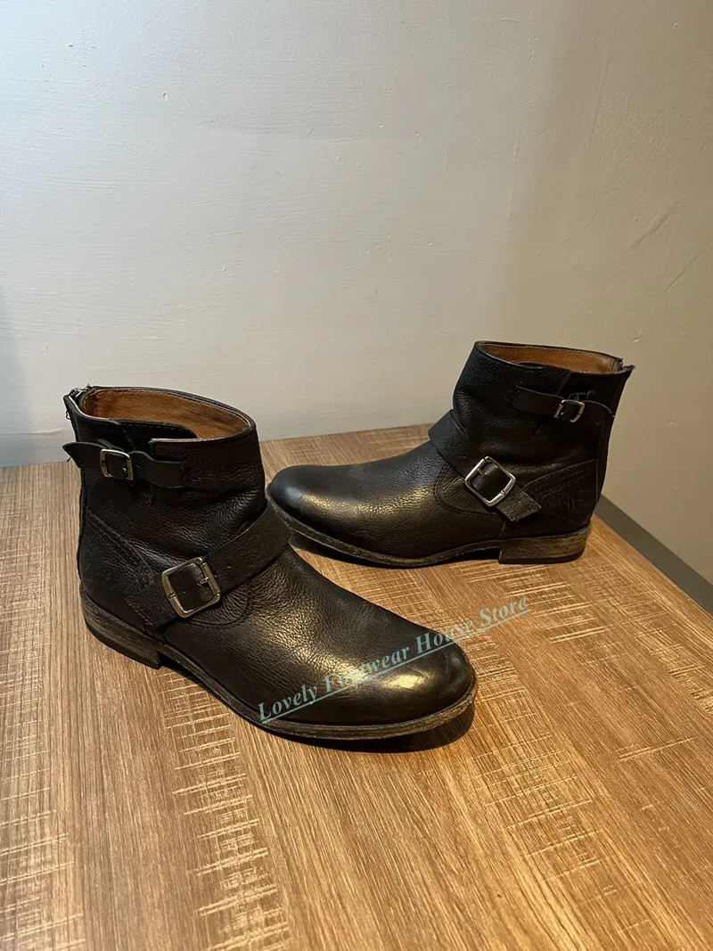 

Classic Genuine Cow Leather Man Ankle Boots Round Toe Buckle Ankle Strap Male Side Zipper Dark Brown High Top Boots