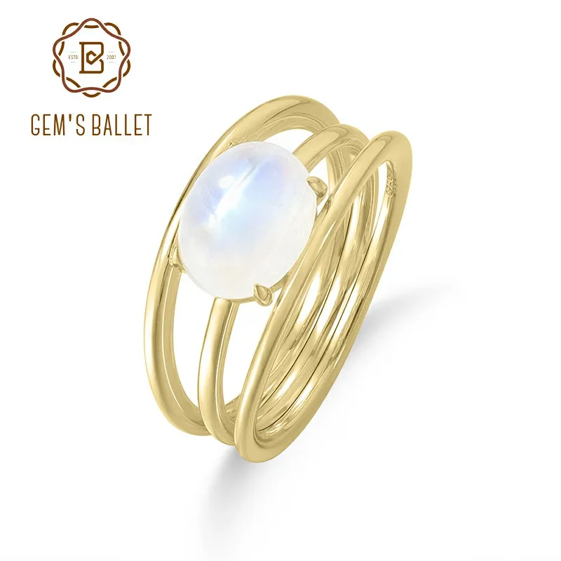 

GEM'S BALLET Oval 7x9mm 2.22CT Milky Blue Moonstone Wedding Engagement Ring in 925 Sterling Silver 18K Gold Plated Gift For Her
