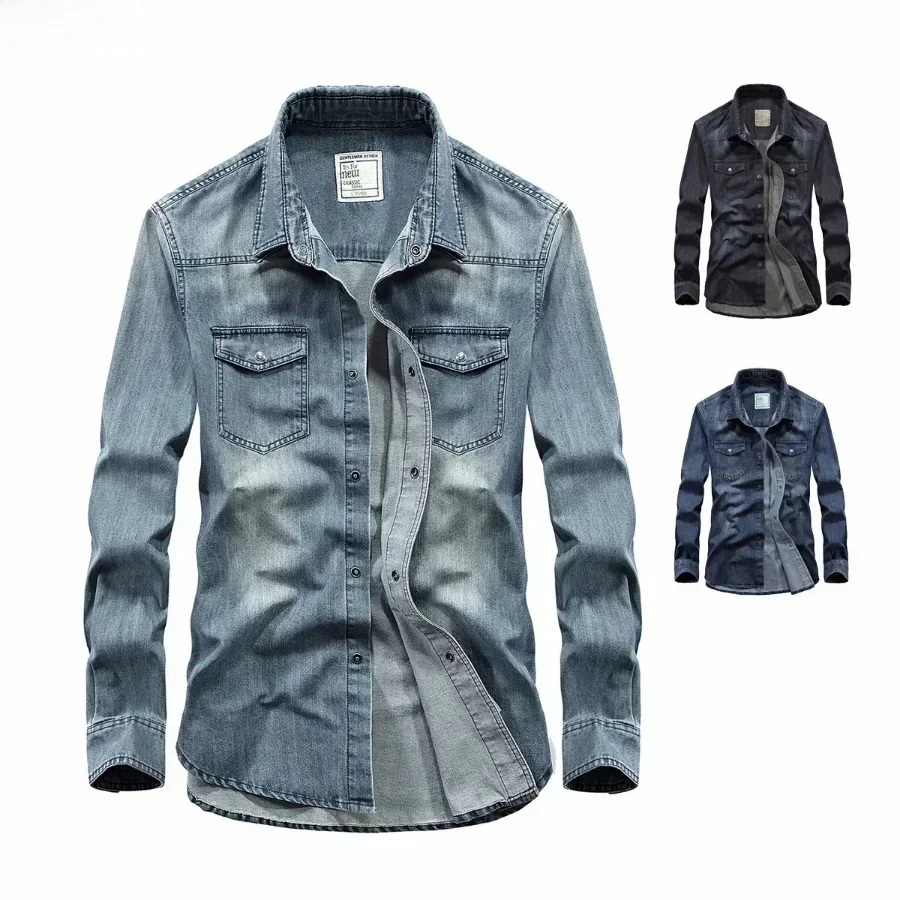 Męska koszula jeansowa z długim rękawem, 100% bawełna, wysoka jakość, stylowa, casualowa, koszula dżinsowa, top, koszule męskie, rozmiar plus size 4XL — zdjęcie 2