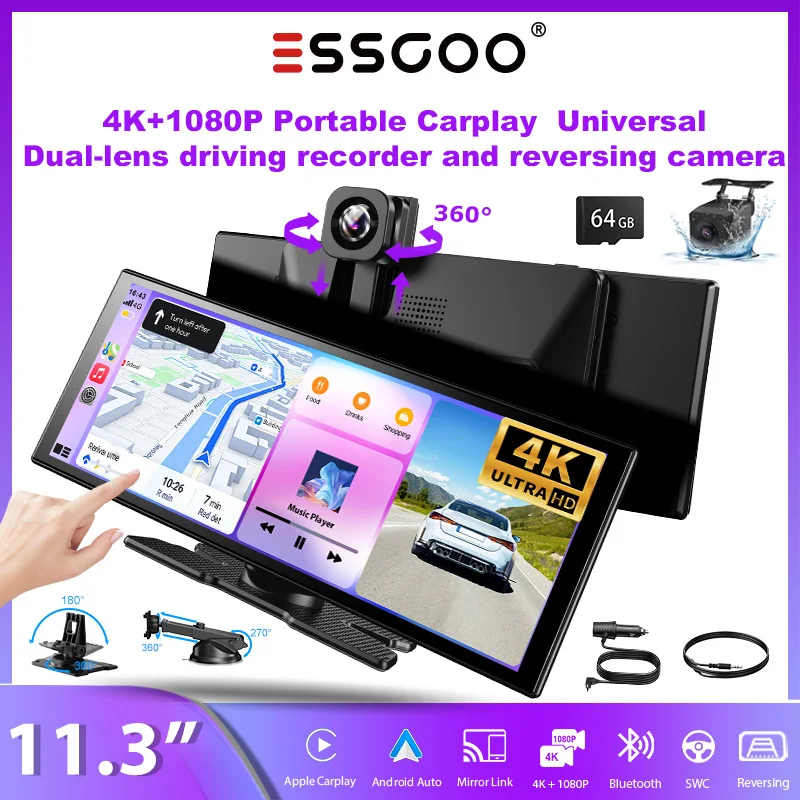 ESSGOO 11.3" 4K+1080P tragbares universelles Carplay Android Auto Doppel-Dashcam und Rückfahrkamera Nachtsicht kabelloses CarPlay WiFi GPS Navigation Videorekorder FM Bluetooth 5.3 AUX Mirror Link Für