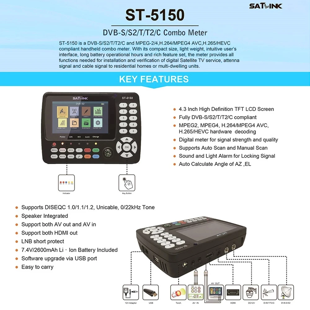 Original satlink ST-5150 DVB-S2/t2/c combo hd localizador de satélite medidor h.265 hevc MPEG-4 qpsk 8psk 16apsk 4.3 Polegada tft lcd tela