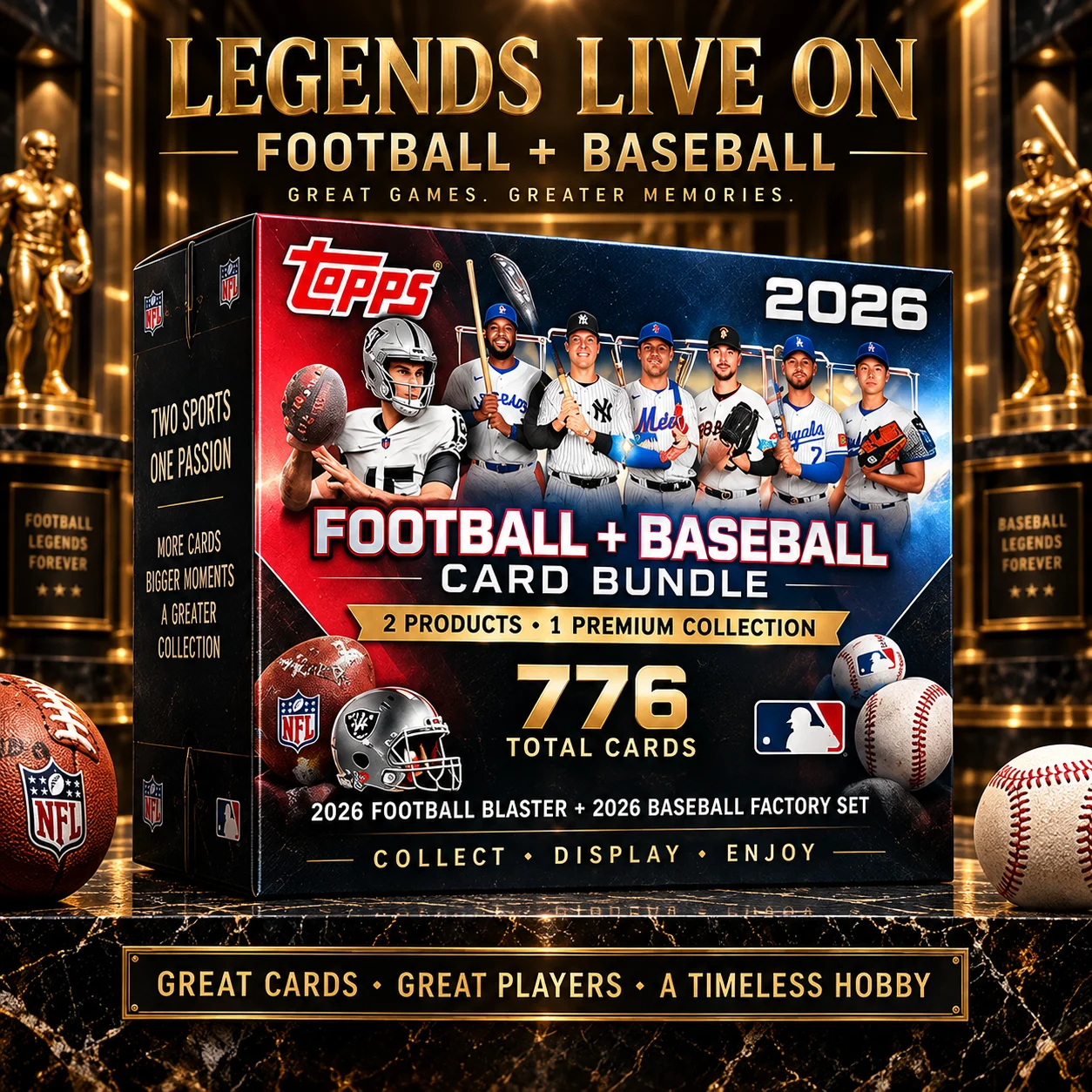 2026 Topps Football Blaster Box , 776 Cards Total Sports Trading Card Bundle for Football & Baseball Collectors, Hobby Collections, Display Shelves and Card Enthusiasts