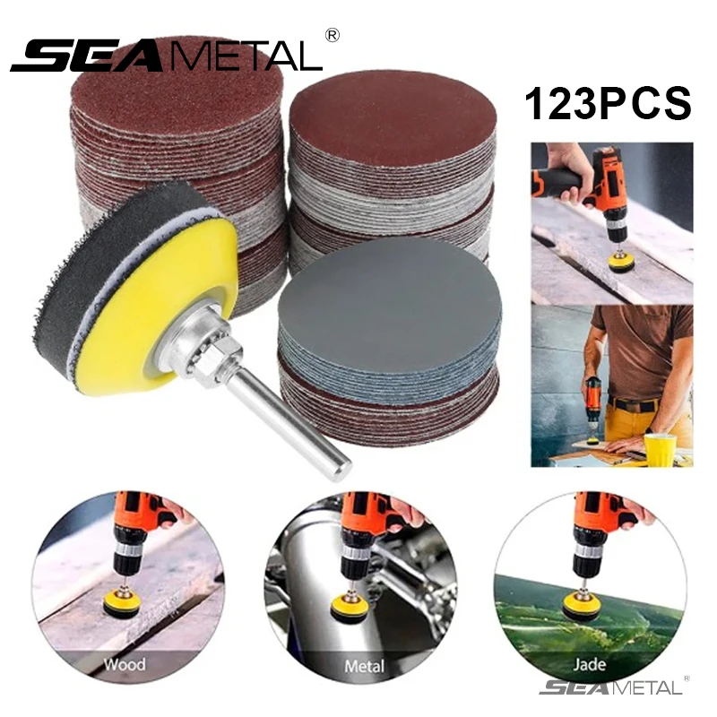 SEAMETAL 123Pcs 5CM Sandpaper 60-3000 Grit Wet Dry Sand Paper Multi-purpose Automotive Sanding Disc Pad Soft Foam Buffer Cushion