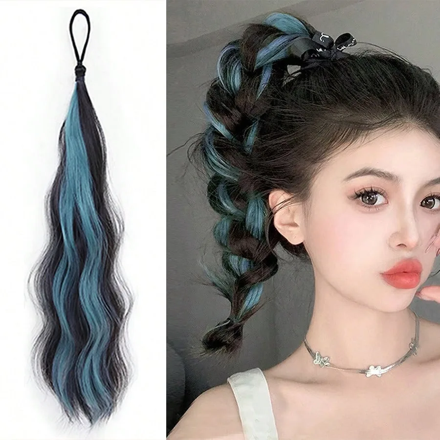 20' Long Wavy Synthetic Highlight Ponytail Hair Extensions With Elastic Rubber Band Braided Hair Bundle For Women Increase Hair